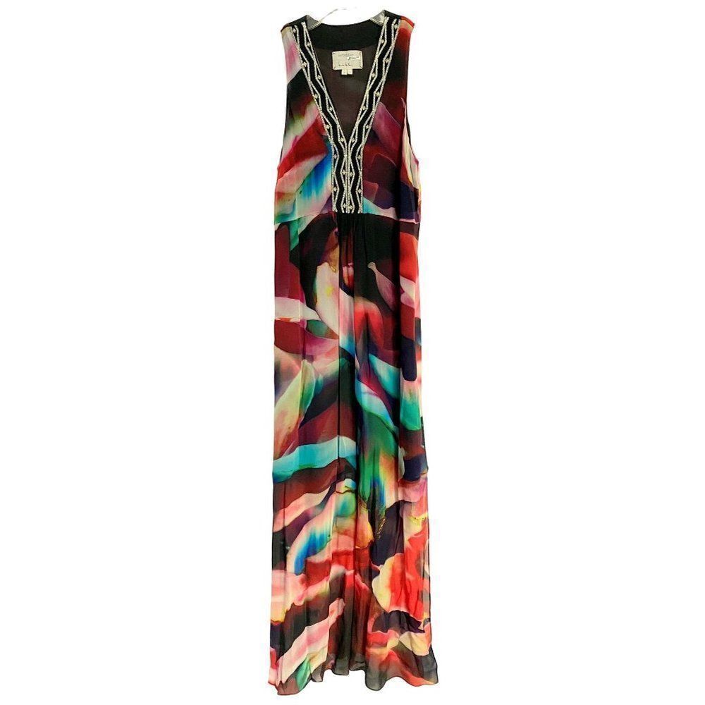 Artelier Nicole Miller Watercolor Print Empire Maxi Dress Sz 4 Deep V-Neck